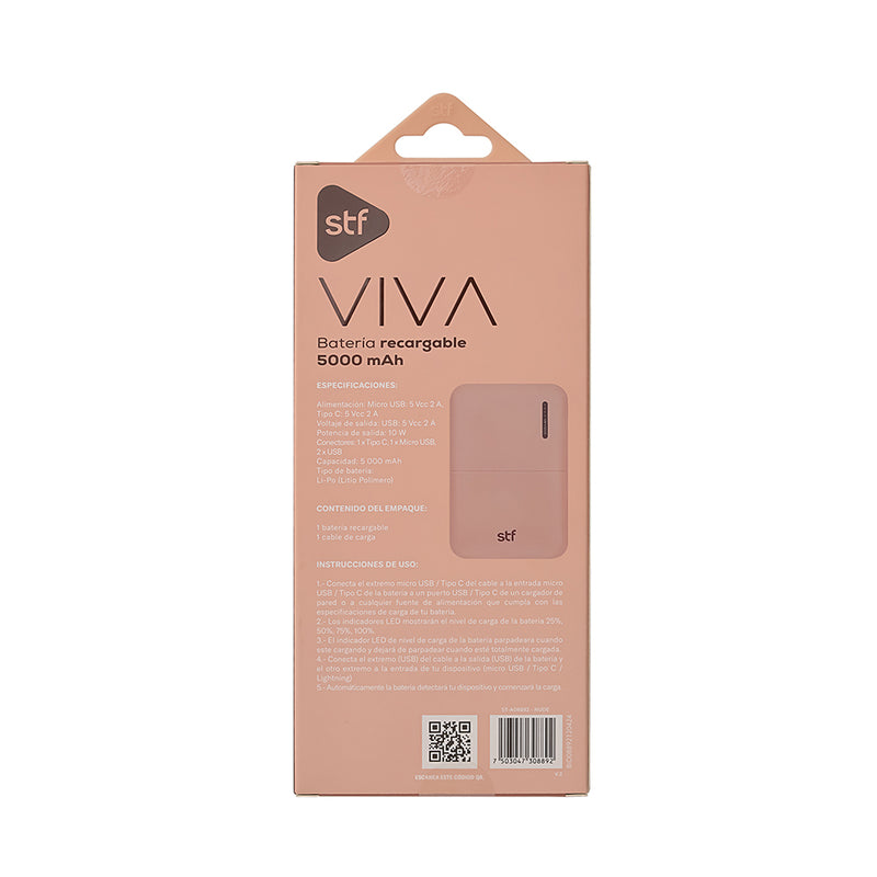 Bateria powerbank recargable 10W  | STF VIVA | 5,000 mAh rosa