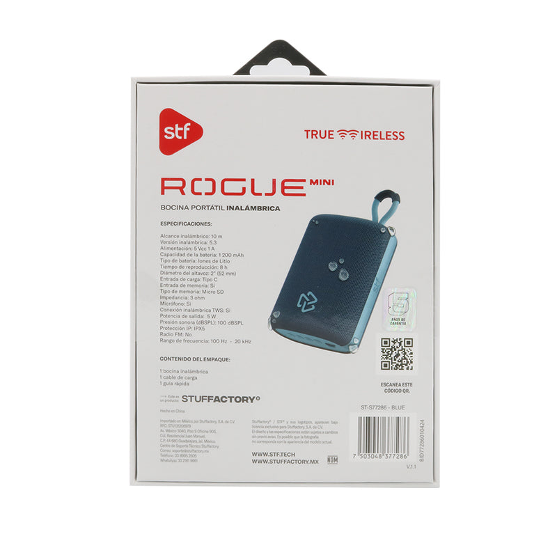 Bocina inalámbrica portátil | STF Rogue Mini | 2" pulgadas 5W función TWS protección IPX5 Azul