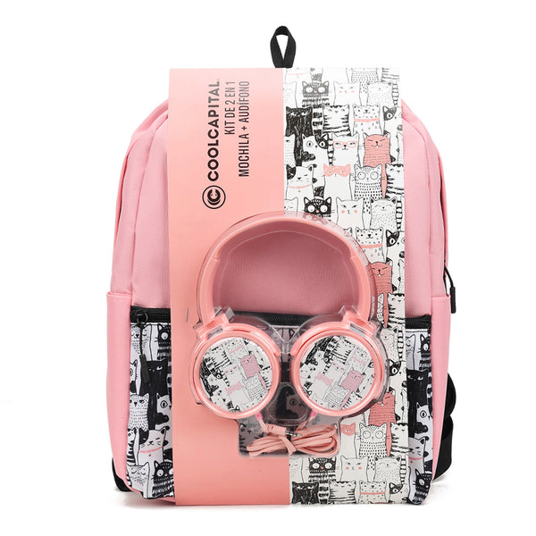 Mochila para laptop + audífonos alámbricos on ear | CoolCapital Pink Cat| 15.6" pulgadas combo