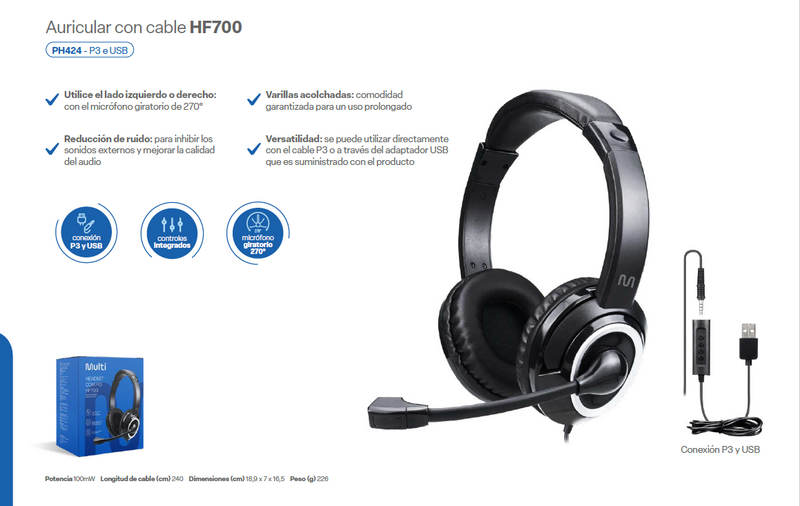 Audífono Alámbrico On-ear | Multi COM FIO HF700 | P3/USB, con Micrófono