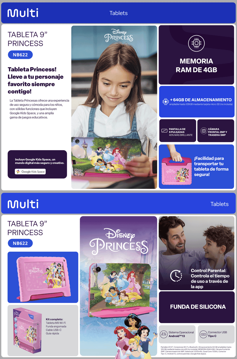 Tablet para niños 9" pulgadas | Multi Princesas | 64gb Quad Core 4gb RAM
